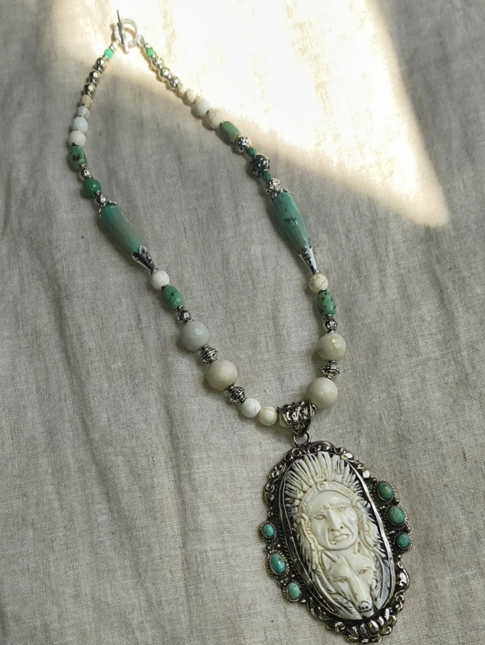OOAK Lula Bayou Necklace Buffalo Bone, Green Turquoise, Howlite Tibetan Silver